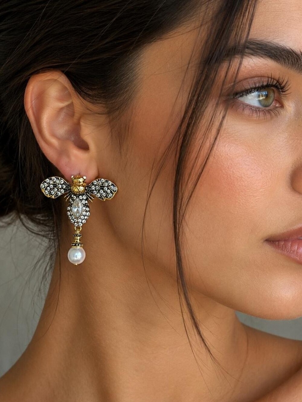 Gold Crystal Bee Drop Earrings with Pearl
